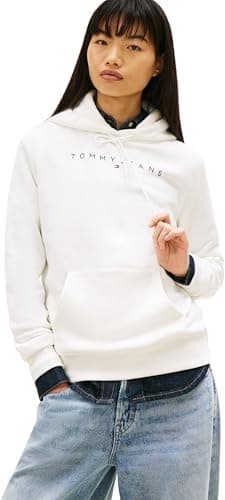 Image of Tommy Jeans Women's Tjw Reg Linear Hoodie Dw0Dw17324 Pullover Hoodie, WHITE (Ecru), M