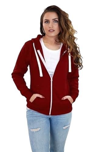 Image of Women New Long Sleeve Plain Zip Up Hoodie Top Ladies Hooded Pocket Everyday Casual Jacket Tops Burgundy Maroon Size 14