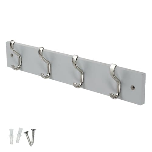 Image of keypak Minimalistic Wall-Mounted Coat Rack – 4 Hooks on Stylish Modern Wooden Base for Wall & Door – 38cm – All Fixings Included (Satin Nickel/Dove Grey)