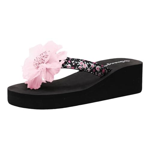 Image of Generisch Sandals Women Women Shoes Wedge Flip Flops Flower Flip Flops Women Wedge Outerwear Thick Sole Beach Seaside, pink, 8 UK