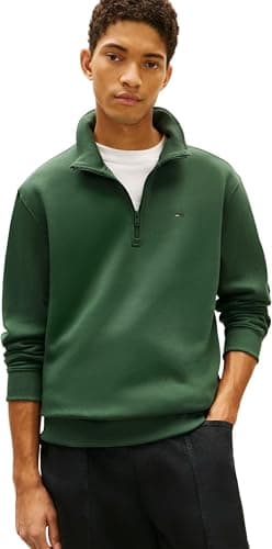 Image of Tommy Jeans Men's Tjm Reg Fleece 1/4Zip Mock Neck DM0DM20339 Half Zip Sweatshirt, GREEN (Shadow Pine), L