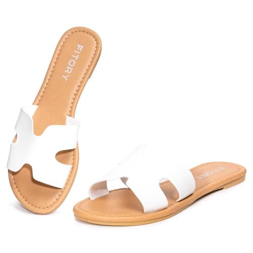 Image of FITORY Women's Fashion Sandals Summer Casual Dressy Slip On Comfortable Leather Flat Slides On Indoor/Outdoor Pure White Size 6