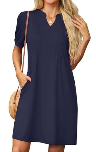 Image of GRECERELLE Womens Dresses Summer Casual Short Sleeve V Neck Shift Dress for Women Ladies T Shirt Dress with Pockets (Navy Blue, M)