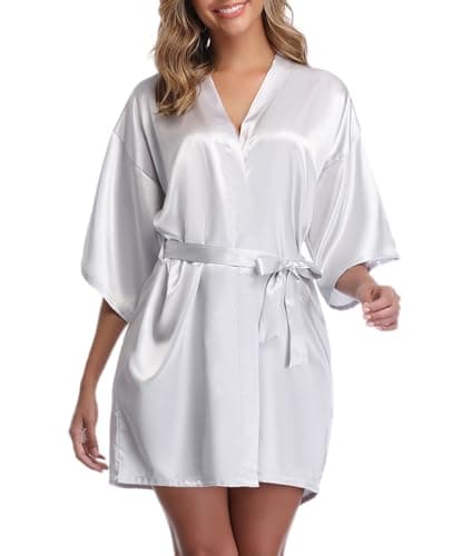 Image of Vlazom Women's Kimono Robes Dressing Gown Satin Bathrobe Nightdress Pure Colour Short Style with Oblique V-Neck, Silver, S(UK 6)