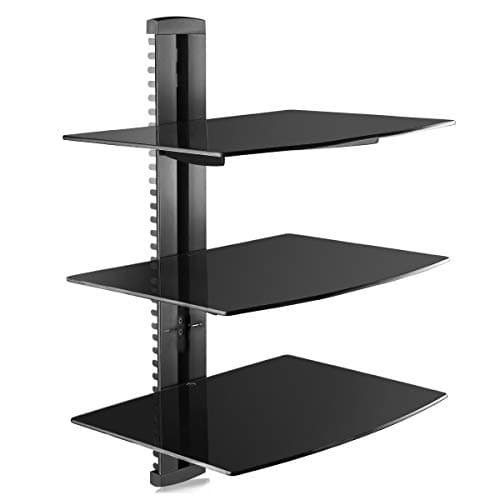 Image of suptek 3 Floating Shelf Wall Bracket with Strengthened Tempered Glass for DVD Players/Cable Boxes/Games Consoles/TV Accessories, 3 Shelves, Black, CS303
