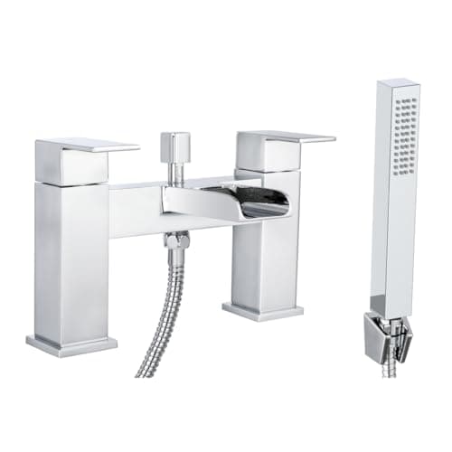 Image of iBathUK Square Waterfall Bath Shower Mixer Filler Tap Kit, Hot and Cold Taps, Dual Lever Tap with Shower Attachment, Square Bathroom and Basin Taps - Chrome,G3/4"