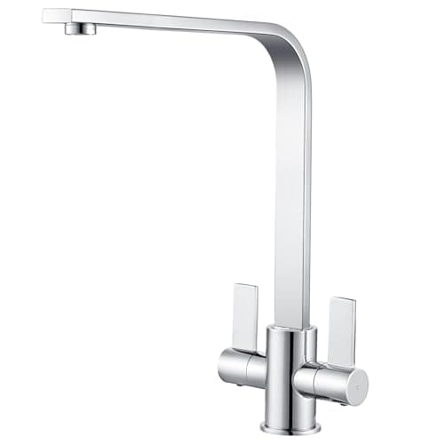 Image of Hapilife Kitchen Mixer Taps 1 Hole Chrome, Dual Lever L-Shape Kitchen Sink Faucet with 360° Swivel Spout, Stainless Steel Monobloc Modern Sink Tap Easy DIY Install Standard UK Fittings