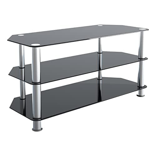 Image of AVF Glass Corner TV Stand - 100cm Wide - Glass And Silver Chrome Metal Legs TV Floor Stand Unit - Gloss Black Safety Glass Shelves - Open Storage - Ideal For Corners - SDC1000 (Up to 50" TVs)