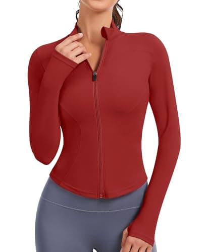 Image of JoyGirl Womens Running Jacket Long Sleeve Cropped Workout Yoga Sport Tops Lightweight Athletic Zip Up Gym T-Shirt with Thumb Holes (Red, L)