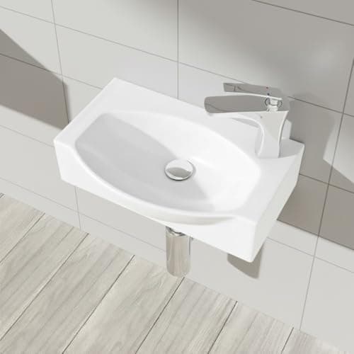 Image of Durovin Bathrooms Compact Ceramic Sink 405 x 280 x 110mm (WxDxH)- Wall Hung or Countertop - D Shape Cloakroom Hand Washing Basin - One Right Corner Tap Hole