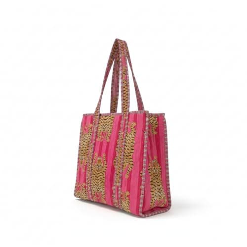 Image of Handmade Quilted Cotton Tote Bag With Tiger Print-Ethnic Indian Kantha Shopper Bag, Eco-friendly Resusable Shoulder Bag for Women