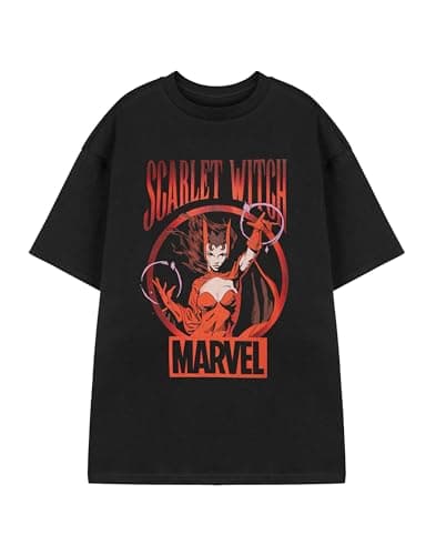 Image of Marvel Scarlet Witch Black Graphic Tee | Women's Short Sleeve Crew Neck T-Shirt | Classic Comics Inspired Apparel | Marvel Character Design | Casual Wear Top for Fans & Collectors