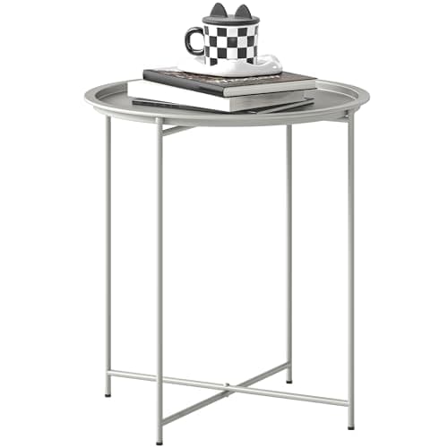 Image of Outsunny Round Small Garden Table with Removable Tray and Folding Legs, Metal Garden Side Table, Indoor Outdoor Coffee Table End Table for Patio, Balcony, Porch, 46 x 46 x 50 cm, White