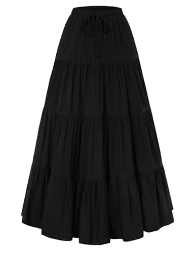 Image of SCARLET DARKNESS Women's Flowy Boho Maxi Skirts Elastic Waist Drawstring A-Line Skirt Renaissance Tiered Long Skirts with Pockets Black M