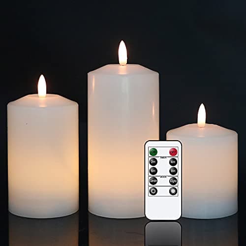 Image of Eldnacele White Flameless Pillar Candle Flickering with Remote Timer, Real Wax 3D Wick Battery Operated LED Candles Pack of 3 for Wedding Party Halloween Christmas Home Decoration