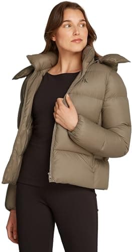 Image of Calvin Klein Women’s Short Down Puffer Jacket with Hood, Beige (Brindle), 3XL