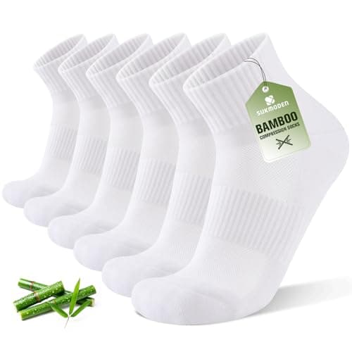 Image of SukModen Compression Ankle Support Running Socks Men Women, 3 Pairs Quarter Bamboo Breathable Trainer Socks, Wicking Plantar Fasciitis Relief, Athletic for Sports Walking Tennis White, 9-11