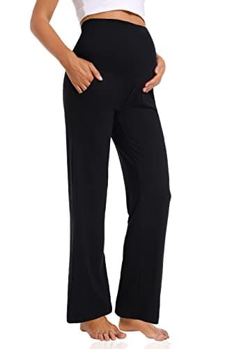 Image of Foucome Women's Maternity Trousers Casual Loose Cozy Wide Leg Pants Pregnancy Lounge Work Trousers with Pockets (Black, M)