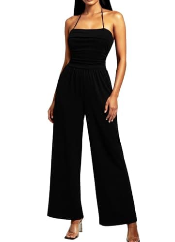 Image of HAWILAND Women Ladies Casual Ruched Halter Wide Leg Jumpsuit Sleeveless One Piece Romper Flare Leg Trousers Black X-Small