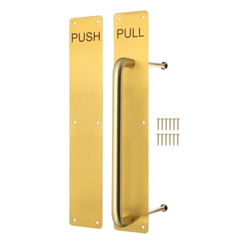 Image of EAI Brass Push Pull Handle on Plate, 475 x 75mm Commercial Handle on Finger Plate Satin Brass for Schools, Offices, Shops & More