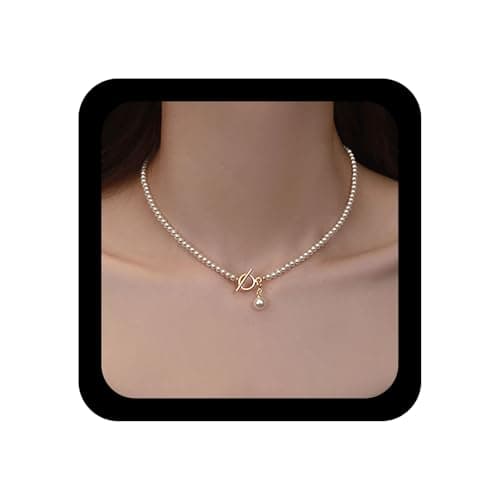Image of Cybche Vintage Small Pearl Necklace Choker Wedding Pearl Beaded Necklaces Gold Bar Circle Clasp Toggle Pearls Pendant Necklace Tiny Round Ball Beads Collar Necklaces Chain Jewelry for Women