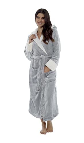 Image of Daisy Dreamer Ladies Shimmer Fleece Dressing Gown Luxury Soft Plush Bath Robe For Women Housecoat Loungewear Bathrobe Gowns, Grey, Medium