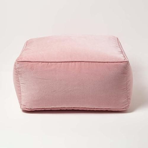 Image of HOMESCAPES Blush Pink Velvet Pouffe Cube 60 x 60 cm Square Bean Bag with 100% Cotton Velvet Cover & Piped Edging Large Plush Footstool for Living Room