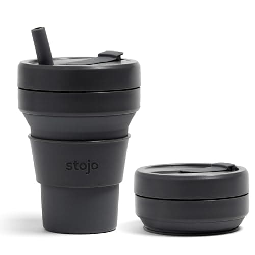Image of STOJO On-The-Go Biggie Collapsible Coffee Cup with Lid - 16oz / 473ml - Reusable & Foldable Silicone Travel Mug - Portable, Pocket Size - Dishwasher Safe - Carbon