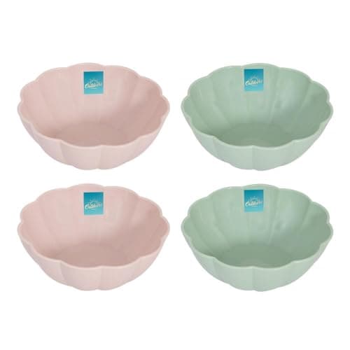 Image of YöL Set of 4 Floral Edged Plastic Bowls Summer Dining Outdoor Picnic BBQ Blush Pink Sage Green Dessert Snacks Dips Cereal