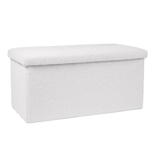 Image of OHS Boucle Ottoman Toy Storage Box, White Ottoman Large Blanket Box Storage Trunk with Lid Bedroom Living Room Sturdy Space Saving, Cream