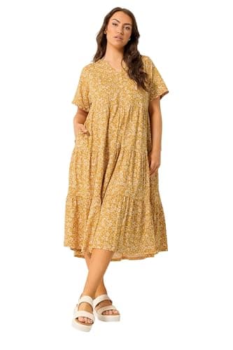 Image of Yours Curve Floral Tiered Maxi Dress - Women's - Plus Size Curve Gold