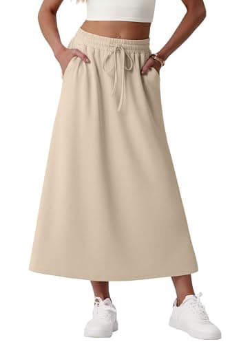 Image of GRECERELLE Women's Skirts with Pockets Elasticated Waist Midi Skirt A-Line Summer Casual Maxi Skirt Long Skirts for Women UK (Apricot, L)