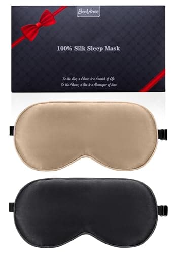 Image of BeeVines Sleep Mask, 2 Pack 100% Real Natural Pure Silk Eye Masks with Adjustable Strap for Sleeping, Eye Sleep Shade Cover, Blocks Light Reduces Puffy Eyes Gifts (Black & Olive Gold)