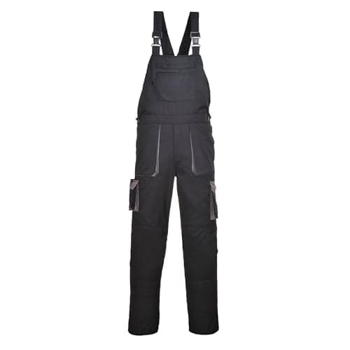 Image of Portwest TX12 Texo Contrast Bib and Brace Work Overalls Mens Workwear 10 Pockets UPF 40+ Sun Protection Elasticated Waist Knee Pad Pockets, Regular, Black, L