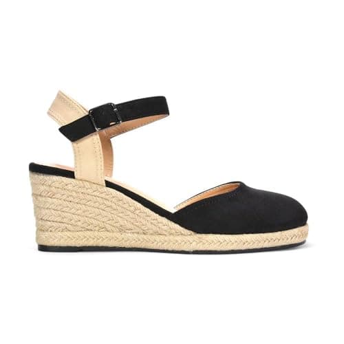 Image of Women's Ankle Strap Wedge Ladies Platform Espadrille Black Closed Toe Buckle Shoes Size 8