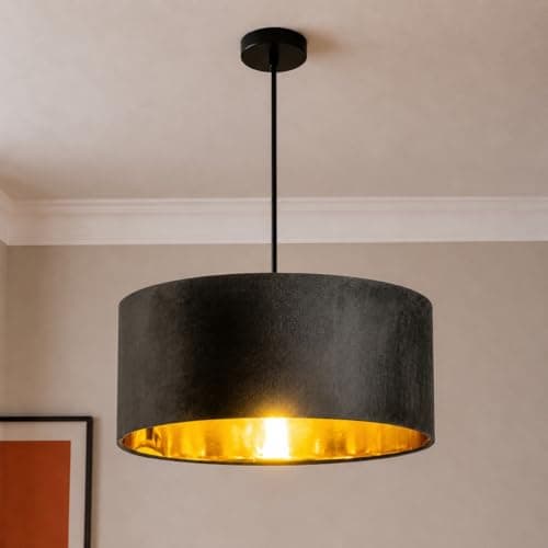 Image of CGC Lighting Modern Large Velvet Fabric Lamp Shade 45cm Diameter 20cm Height with Reflective Inner Drum Pendant Table Lamp Bedroom Dining Room Lounge (Black)
