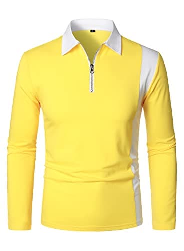 Image of HOOD CREW Men’s Long Sleeve Polo Shirts Golf Shirt Casual Contrasting Color Tennis Top Yellow