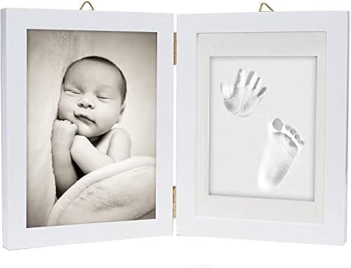 Image of Chuckle Baby Hand and Footprint Kit - White Wooden Photo Frame (Fits 5x7 Pictures) with Air-Drying Clay, Roller and Instructions - Newborn Keepsake Gift for Baby Showers and New Mums