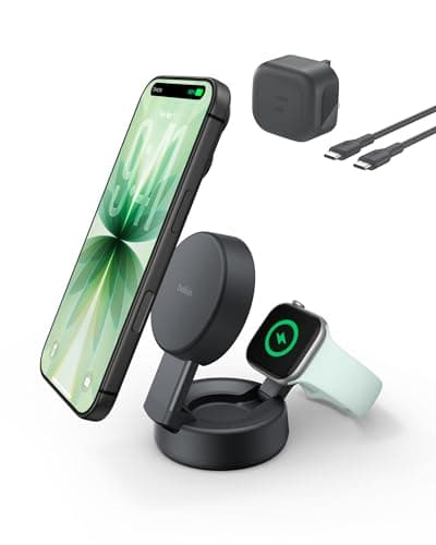 Image of Belkin UltraCharge MagSafe 2-in-1 Wireless Charging Station, Qi2.2 25W Convertible Magnetic Charger for iPhone 17, Apple Watch Series 10, Pixelsnap, etc (45W Adapter Included) - Black