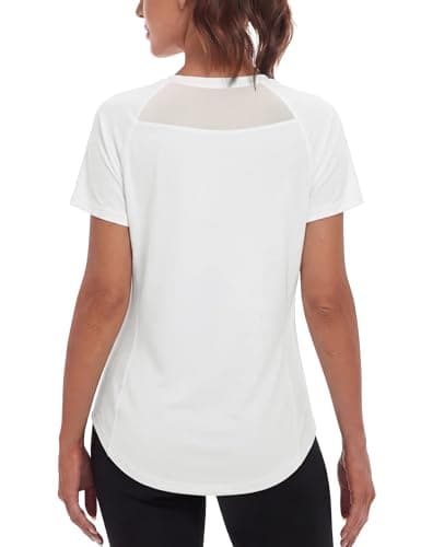 Image of Wayleb Women Activewear Short Sleeve Round Neck Soft Stretch Mesh Back Gym Tops Sports Tops UPF 50+ Workout T Shirts for Running Training White S-XXL