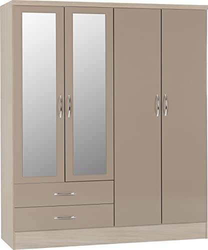 Image of Seconique Nevada 4 Door 2 Drawer Wardrobe in Oyster Gloss/Light Oak Effect Veneer