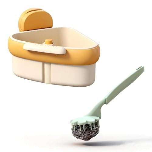 Image of Suction Cup Sink Corner Rack, Press Automatic Sink Strainer Basket, Triangular Food Catcher for Kitchen Waste, Sponge Storage Holder & Drainer with Wire Cleaning Ball Option (Yellow+)