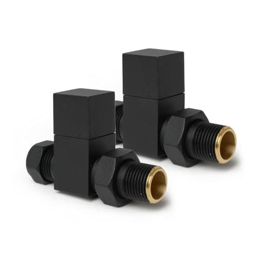 Image of Black Straight Radiator Valves Square Modern Radiator Valves Pair of 15mm x 1/2" (Set of 2) for Heated Towel Rails & Central Heating Radiators Black Radiator Valve Set