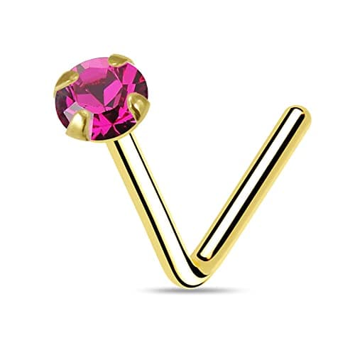 Image of AZARIO LONDON 9K Yellow Gold Nose Stud Claw Set 1.5MM Fuchsia Round Crystal Stone 22 Gauge L Bend Nose Stud Piercing Jewellery