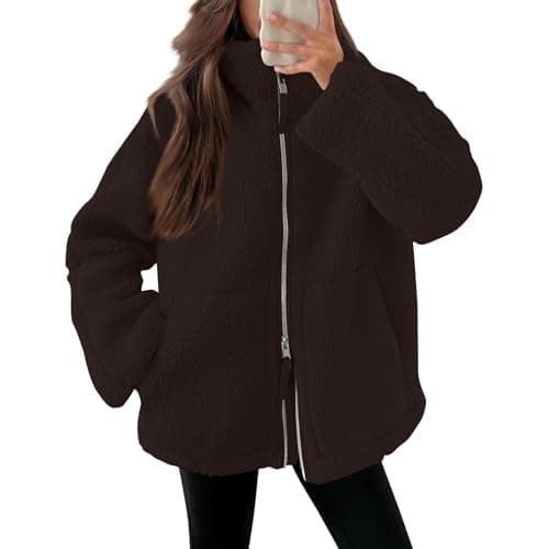 Image of Winter Jackets for Women UK Full Zip Fleece Coats Ladies Fall Drawstring Solid Color Teddy Hooded Cardigan Warm Casual Loose Long Sleeve Fuzzy Sherpa Outwear with Pockets Brown XL