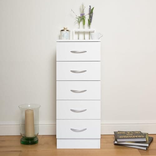 Image of Home Treats Chest of Drawers - 5 Drawers White Bedroom Wooden Furniture. Anti-Bowing Storage Organiser for Any Room (White, 5 Drawer Tallboy)