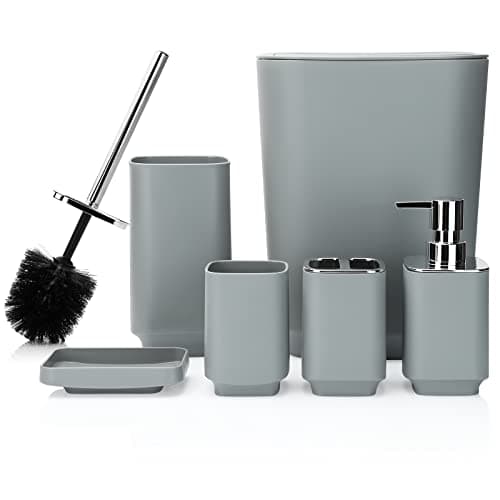 Image of JOTOM 6 Pieces Bathroom Accessory Set Luxury Plastic Bathroom Accessories Set Trash Can Toilet Brush Set Toothbrush Holder Tumbler Soap Dish Soap Dispenser Bath Set Gift (Grey)