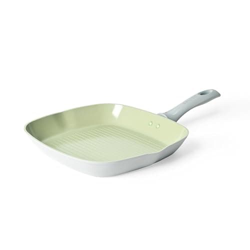 Image of Salter Earth 28cm Grill Pan – Healthy Ceramic Non-Stick Coating Griddle, PFAS-Free Induction Cookware, Aluminium Steak Cooking Pan, Easy Clean, PFOA/PTFE-Free, Stay Cool Handle, Green/Grey