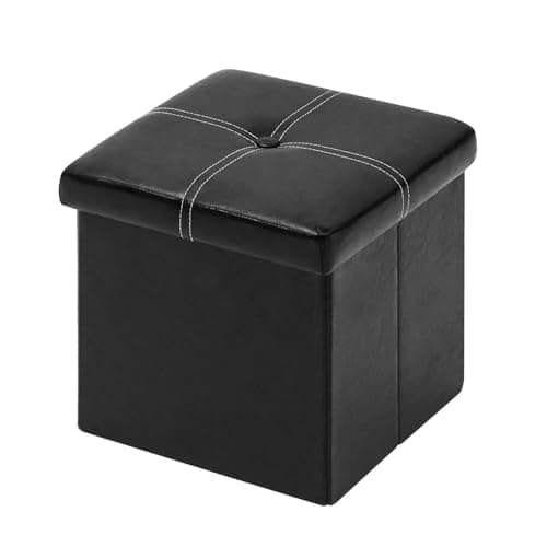 Image of Bonlife Black Ottoman Storage Box with Lids Seat Faux Leather Folding Stools Cube Toy Chests for Kids bedroom Furniture Small Footstool 11.8 in(30cm)