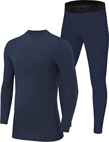 Image of PowerLayer Skins for Boys Kids Base Layer Thermal Long Sleeve Top & Tights Football Compression Set - Navy Top + Navy Tights, 12-14 Years